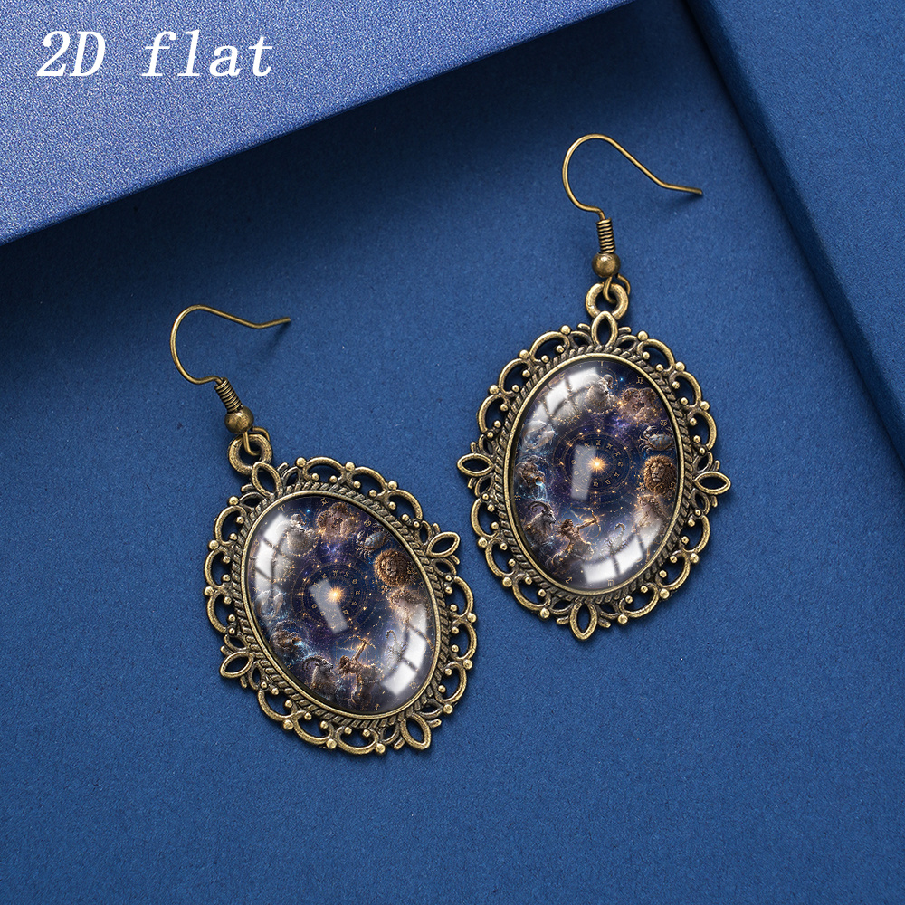 Retro Twelve Constellations Chart Glass Dangle Earrings, Unisex